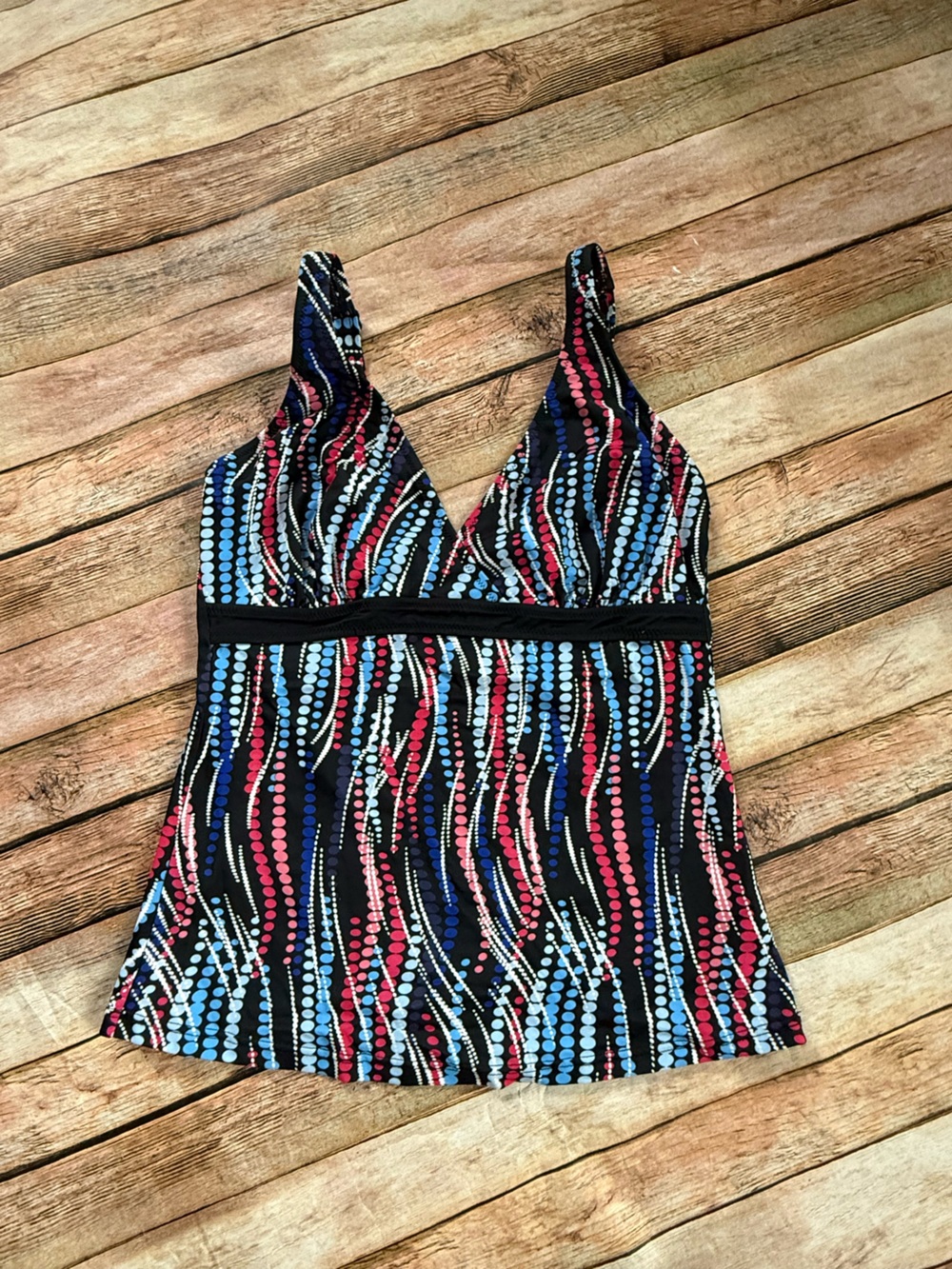 Relativity Black Swim Tankini with Pink and Blue Dot Wave Print
